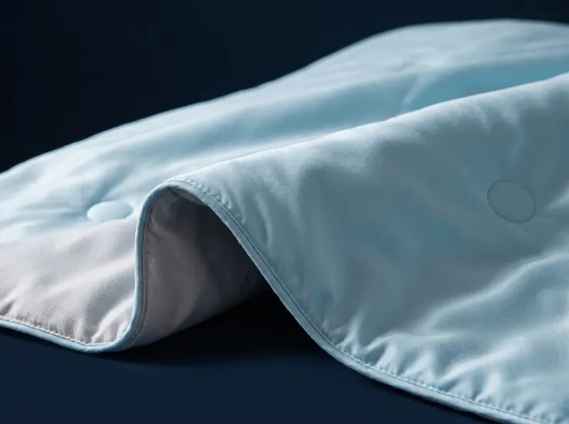 Close-up of the doona folded over: sky-blue cool side on top, light grey soft side underneath