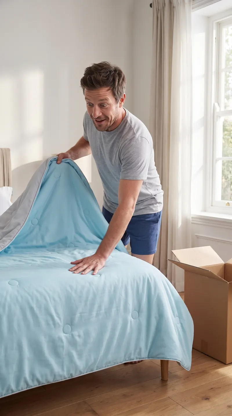 Unpacking a Snoozeloom doona on the bed